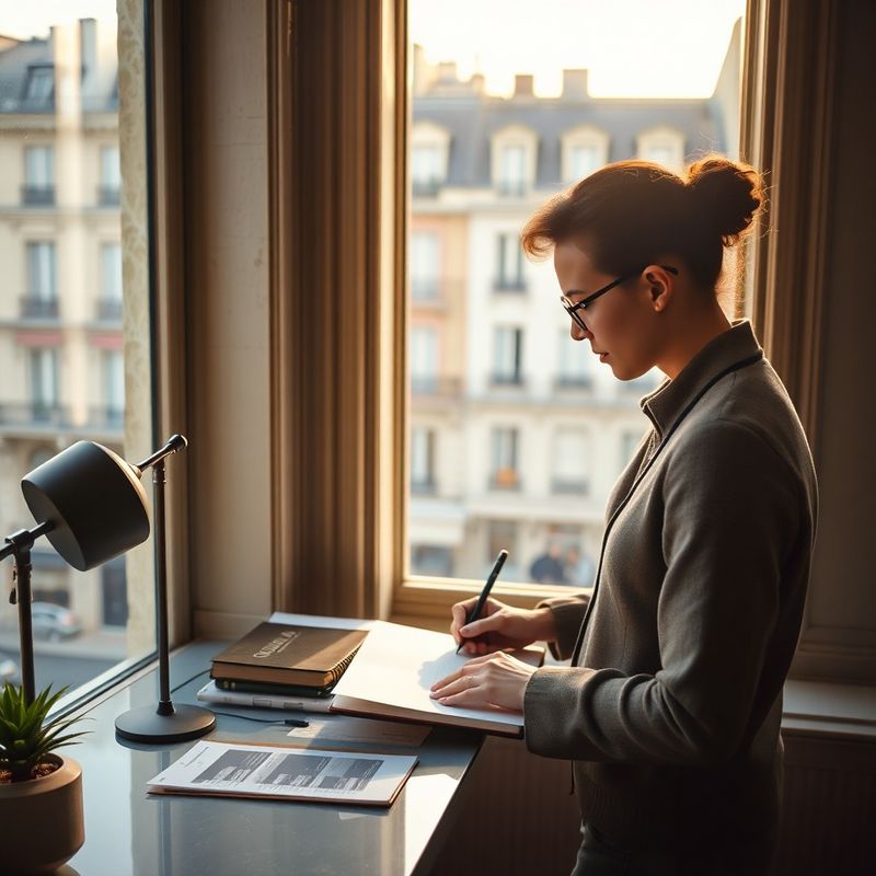 Journaliste à un bureau debout près d'une grande fenêtre haussmannienne, lumière ambre