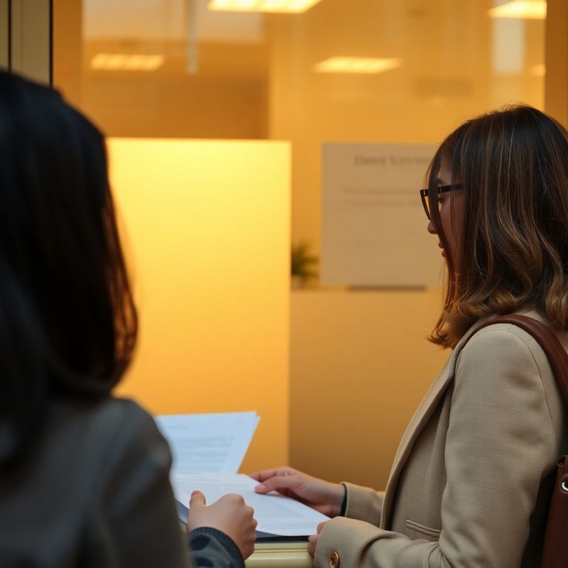 Demandeur d'emploi consultant des documents dans un bureau public, lumière ambre à travers une vitre dépolie