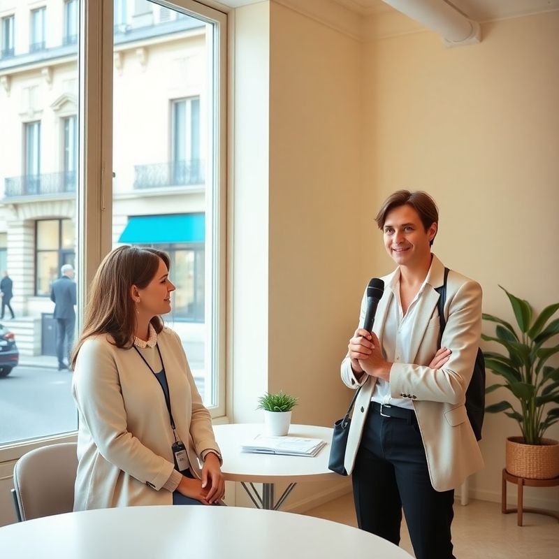 Portrait informel de deux journalistes dans un bureau éditorial aux tons crème et ambre à Bordeaux